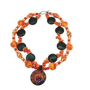 Handmade Artisan Necklace Murano Style Glass Pendant Butterfly Orange Beads